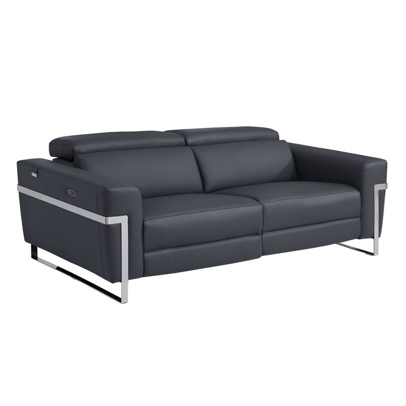 HomeRoots 83" Dark Gray Italian Leather USB Reclining Sofa With Silver Legs