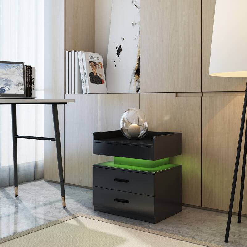 1 Set Nightstand with Adjustable LED Strip Light, 2-Drawers, Large Storage Space