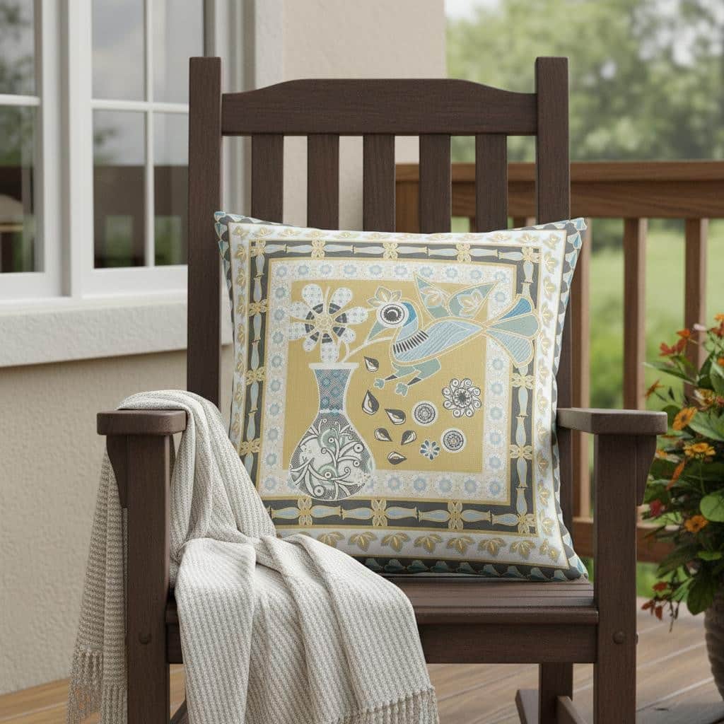 HomeRoots 20" x 20" Beige and Black Peacock Blown Seam Floral Indoor Outdoor Throw Pillow - 20.00' X '5.00' X '20.00