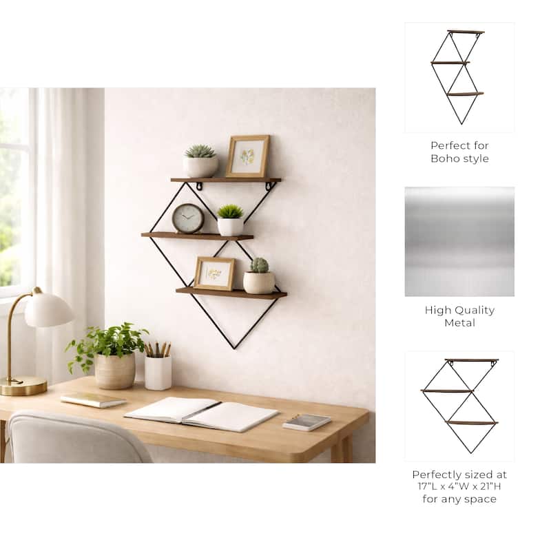 Metal Wood 3-tier Diamond Wall Shelf - Brown, 21" - 21.0"