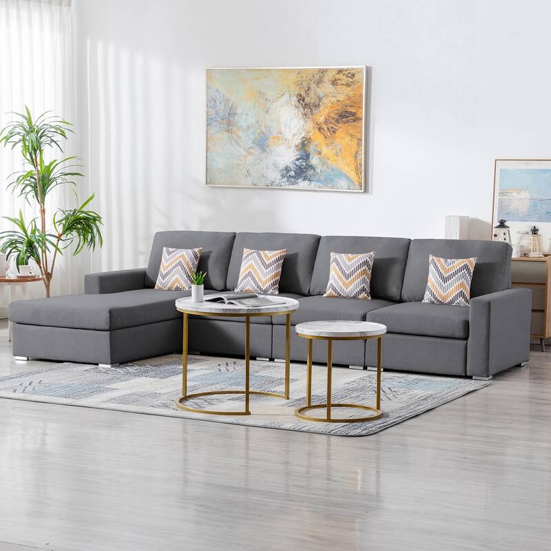 Linen Fabric 4 Piece Reversible Sectional Sofa Chaise with Pillows and Interchangeable Legs in Grey