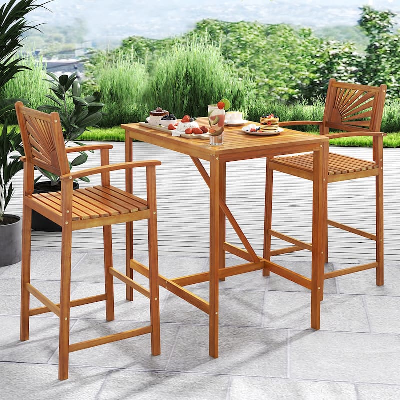 Gymax Set of 2 Outdoor Acacia Wood Bar Stools Bar Height Patio Chairs