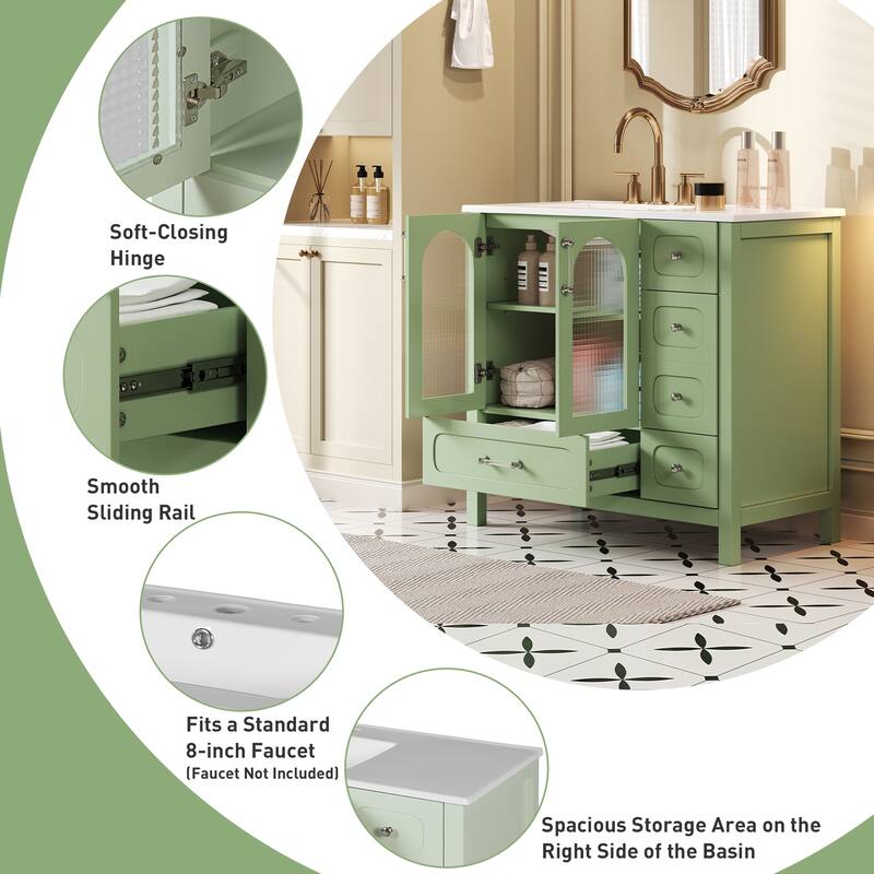 36" Bathroom Cabinet with Waffle Texture Doors,Bathroom Vanity with Four Drawers and Two Soft-Closing Doors with Glass Doors