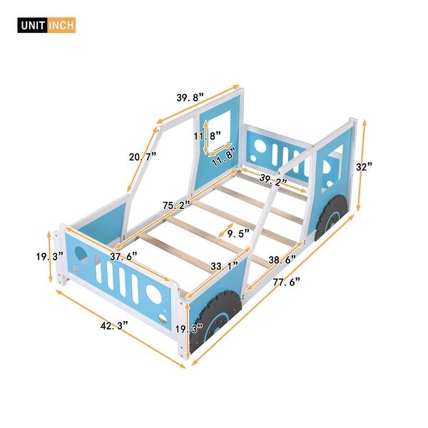 dimension image slide 1 of 2, Twin Size Classic Car-Shaped Bed,Platform Bed with Wheels and Headboard and Footboard