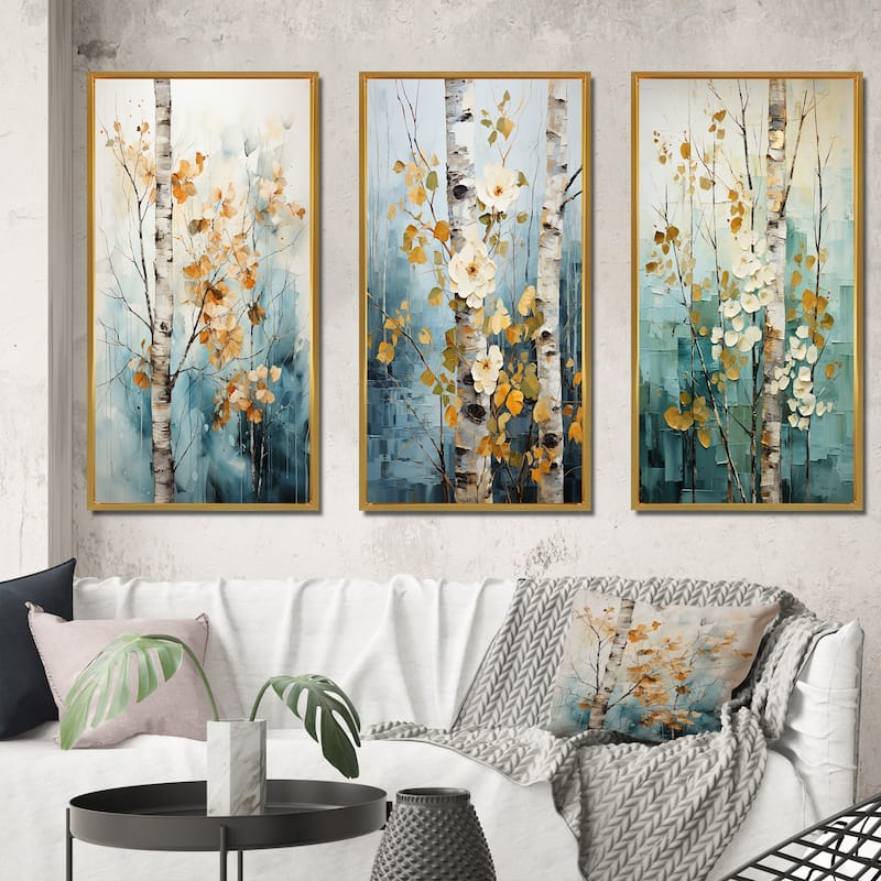Designart "Birch Woods Whispering Winds VII" Floral Framed Wall Art Set Of 3 Frame Gallery Wall Set For Home Decor - 50 in. wide x 32 in. high - 3 Panels - Gold