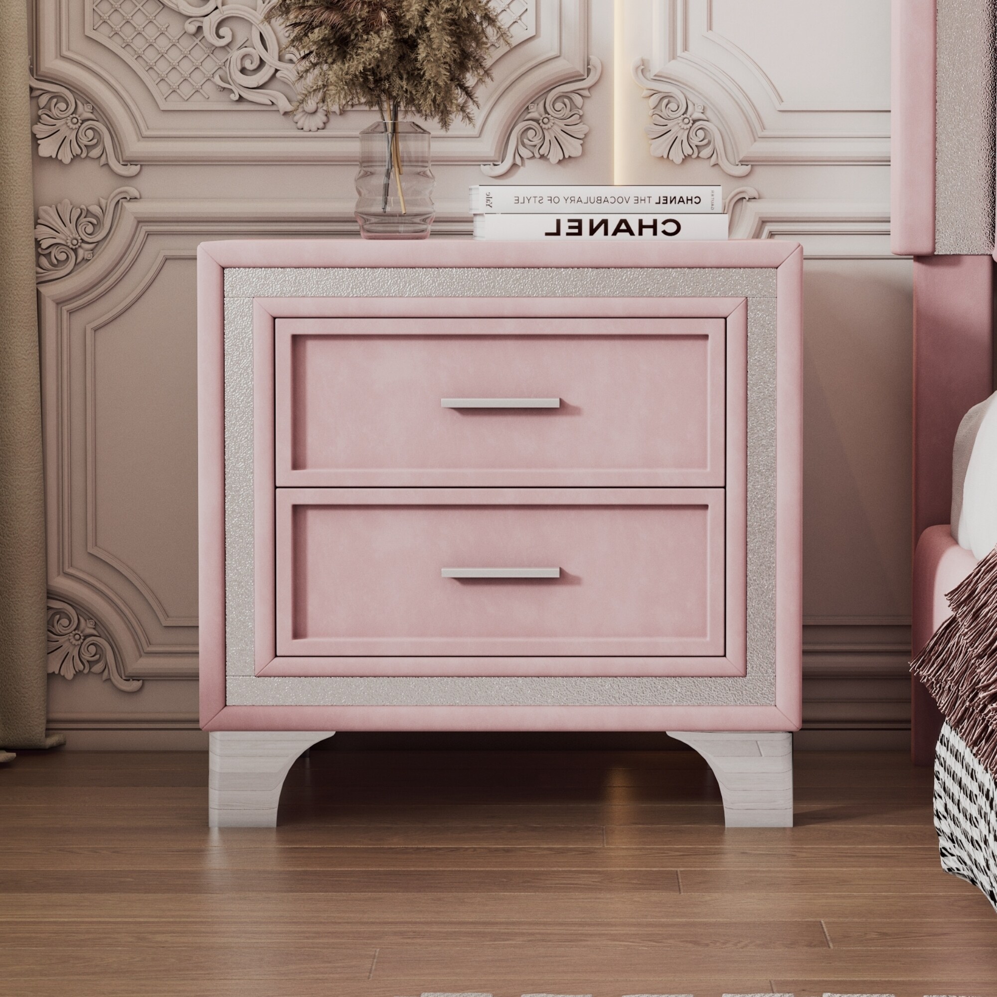 Velvet Bedside Table with 2 Drawers Mid Century Nightstand with Metal Legs and Silver Glitter Strip Decor Pink