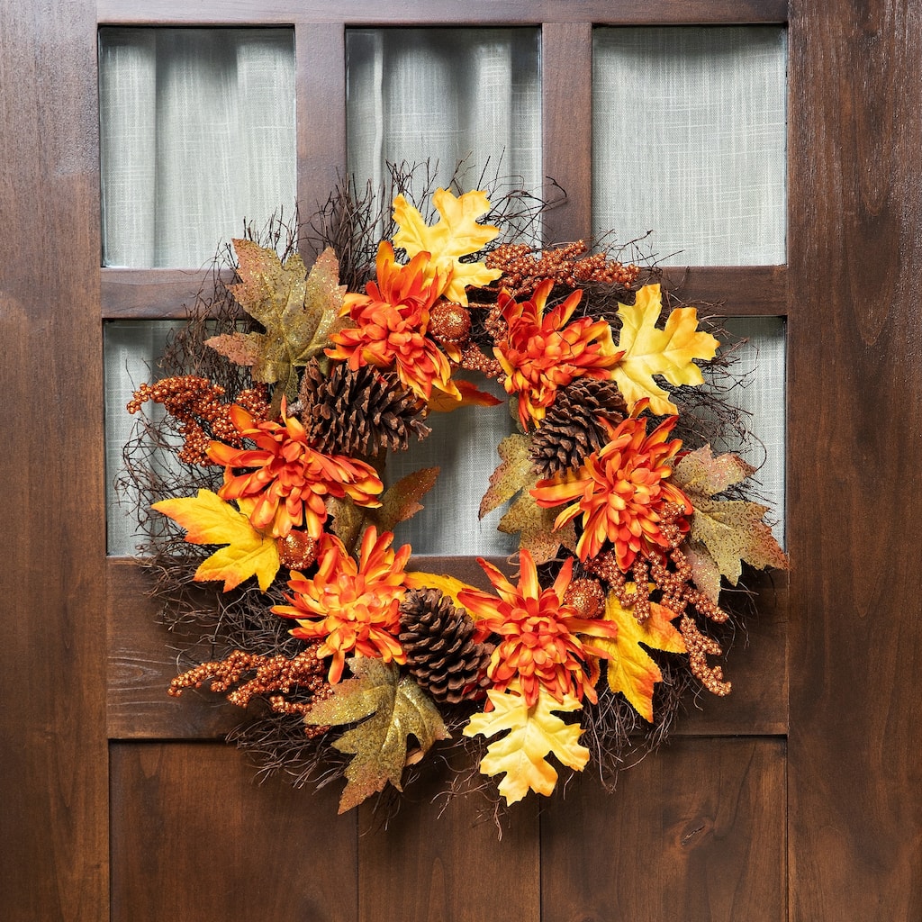 Mums and Acorns Artificial Fall Harvest Floral Twig Wreath - 22" - Unlit