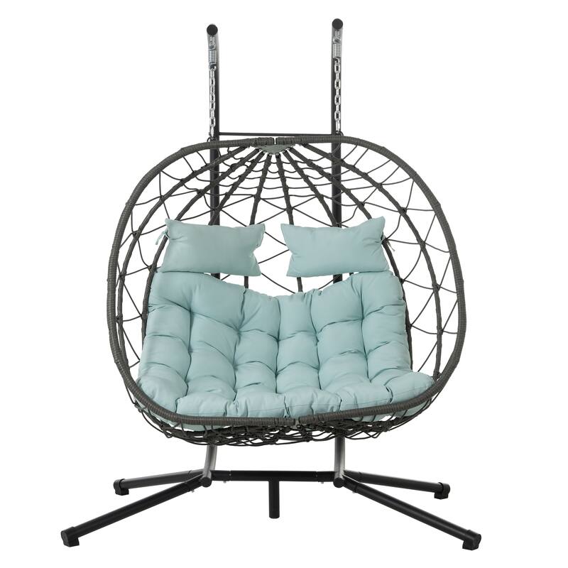 Outdoor Two-Person UV-Resistant Wicker Hanging Egg Chair Swing Chair with Stand & Water-Resistant Cushions
