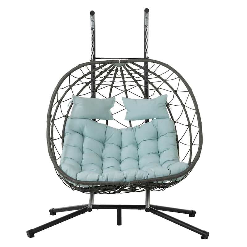 Steel Frame 2-Person Egg Chair with Stand and Outdoor Wicker Hanging Swing for Patio/Balcony