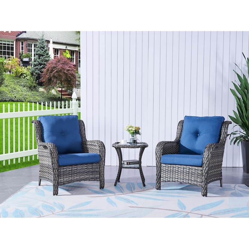 Pocassy Outdoor Wicker Bistro Set, 3 Piece Patio Set - Grey/Blue