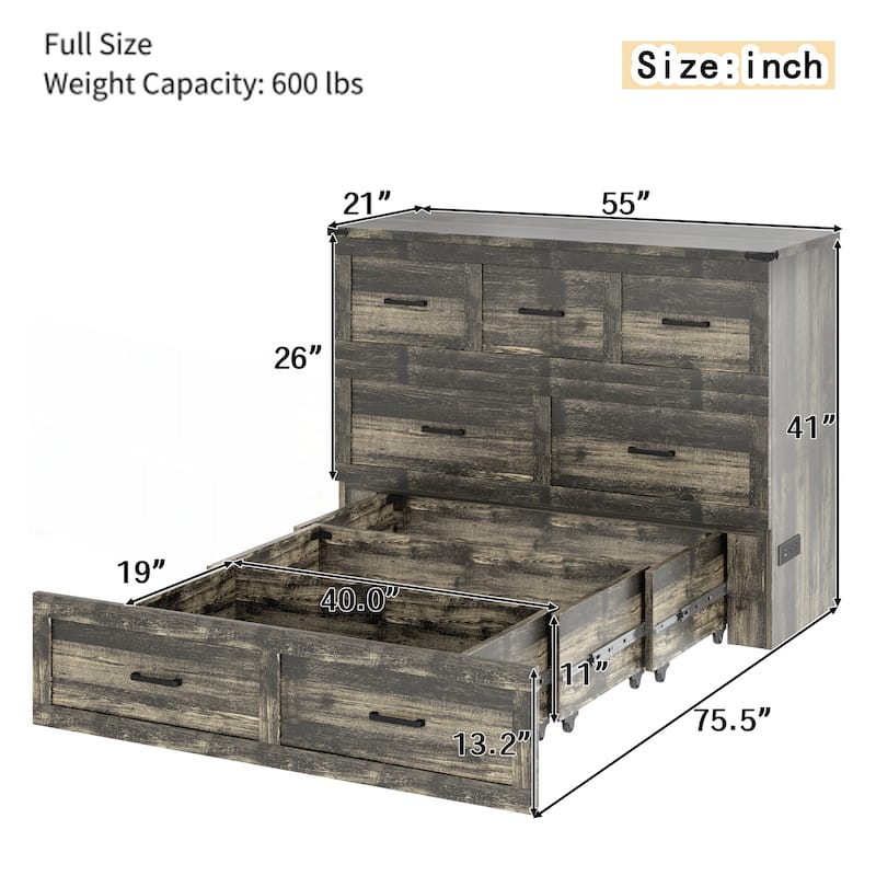 Murphy Bed Cabinet Full Size with Charging Station