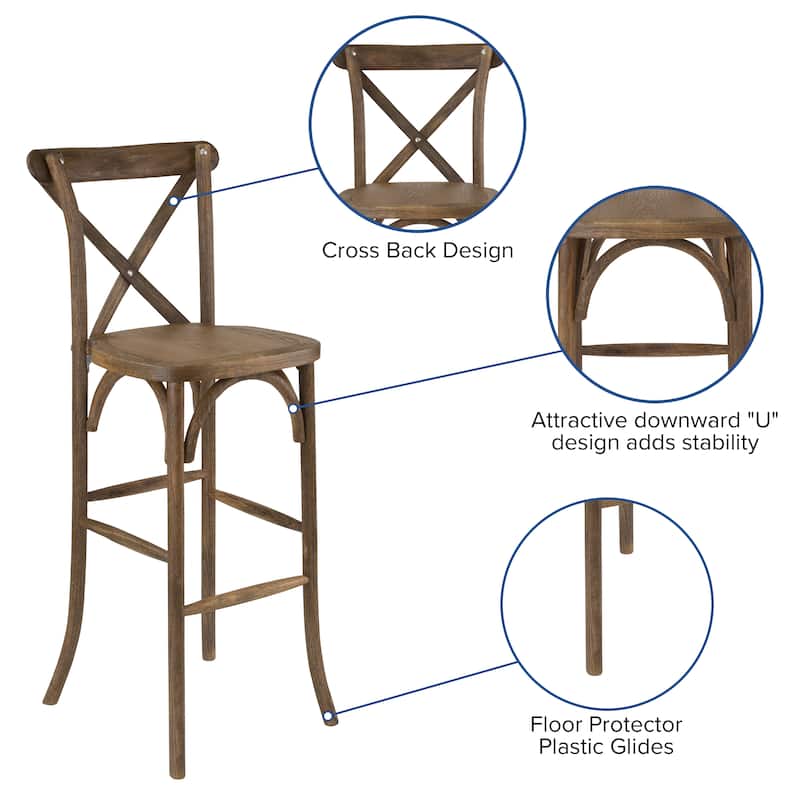 350lb. Rated Dark Antique Wood Cross Back Stackable Barstool - 13.75"D x 13" - 17.5"W x 43"H