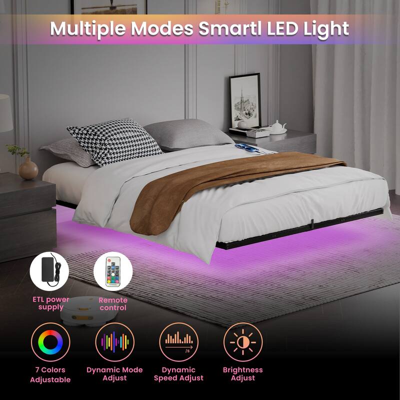 Floating Bed Frame with LED Lights & Charging Station