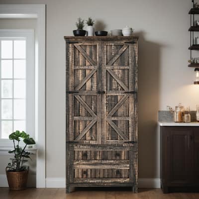 64" Farmhouse Tall Kitchen Pantry Storage Cabinet With Adjustable Shelves & 2 Drawers