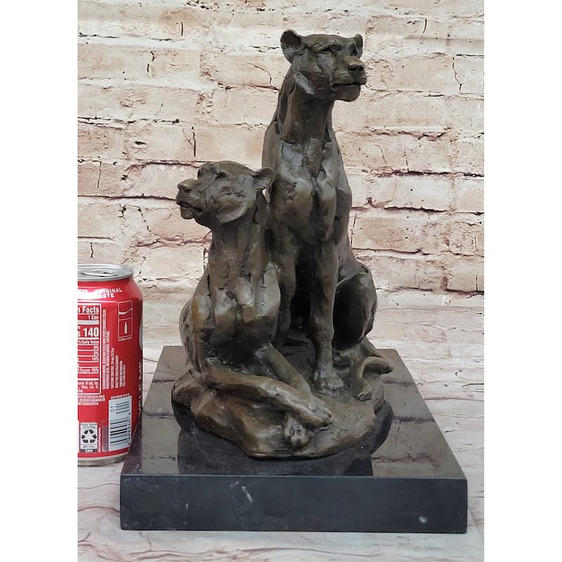 Impressionist Bronze Art Sculpture Of A Pair Of Female Lions Lionesses On Marble Base