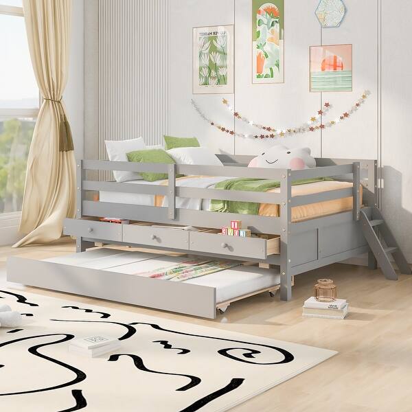 slide 2 of 9, Gray Full Size Low Loft Bed with Full Safety Fence, Climbing Ladder, Storage Drawers and Trundle Gray