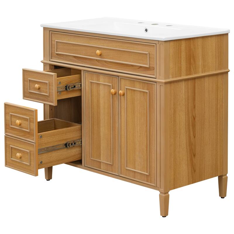 GDFStudio - Oliver Bennett 36-Inch Freestanding Bathroom Vanity with Flip-Out Storage and Refined Wood