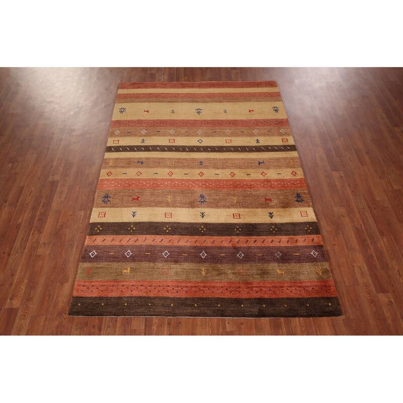 Animals Striped Gabbeh Indian Area Rug Handmade Wool Carpet - 5'3"x 7'10"