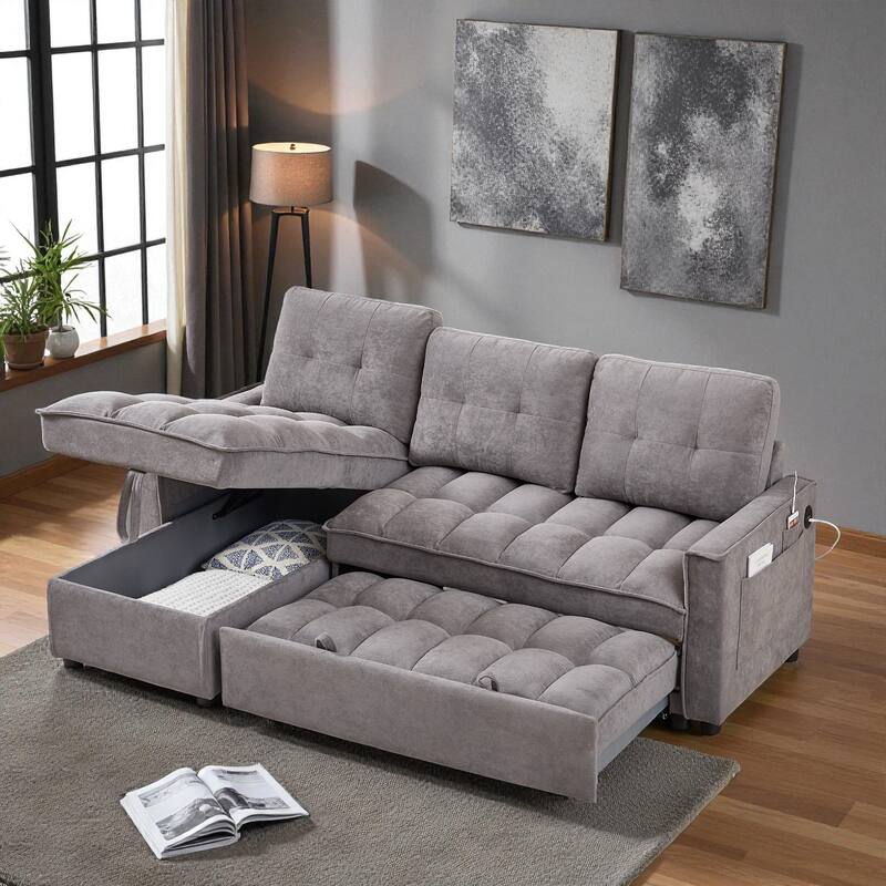 78.75" Chenille Reclining Sectional Sofa with Pull-Out Bed USB Type-C Ports Storage Chaise Modular Convertible Couch