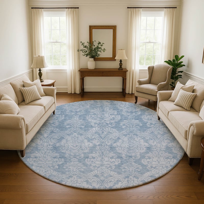 Premium Washable Super Soft Traditional Damask Mayfield Rug - Blue - 8' x 8'