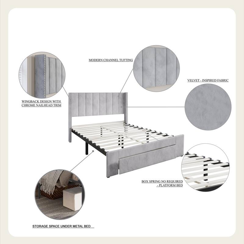 CraftPorch Velvet Wingback Tufted Upholstered Platform Storage Bed