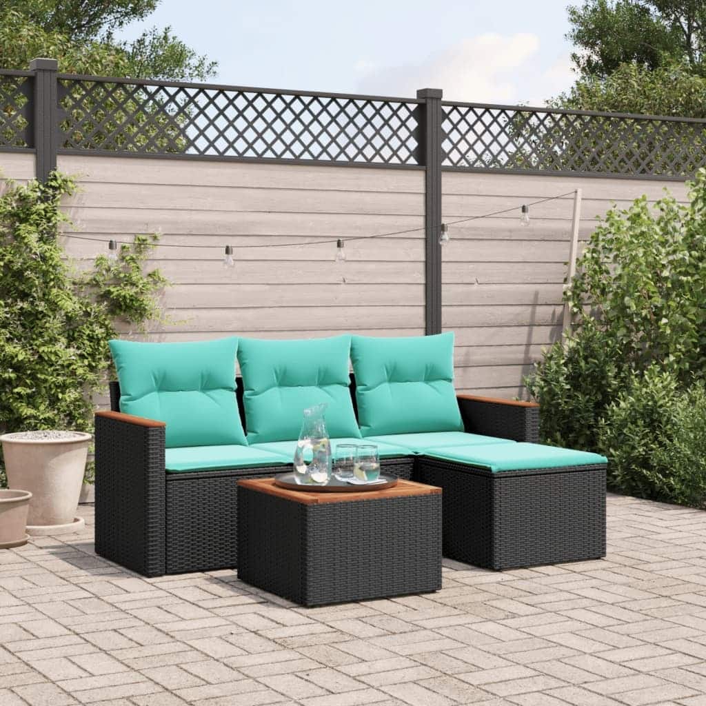 vidaXL 5 Piece Patio Sofa Set with Cushions Black Poly Rattan - 21.7 x 24.4 x 27.2