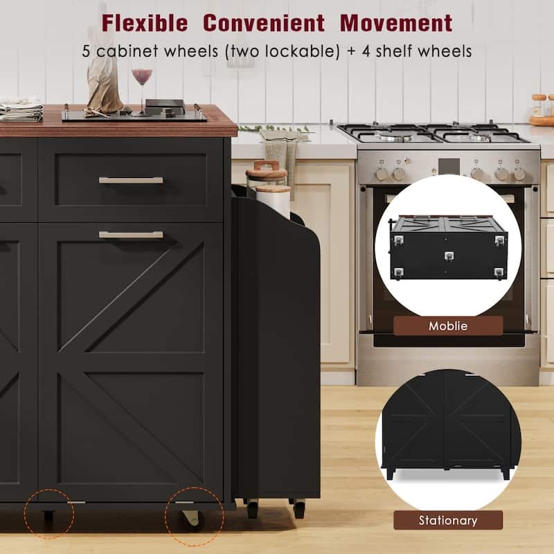 47.2" Farmhouse Kitchen Island with Drop Leaf,Removable Side Racks and Two Drawers