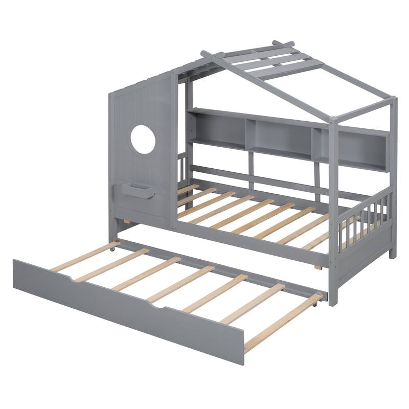 Wooden Platform Bed with Trundle & Storage Shelf