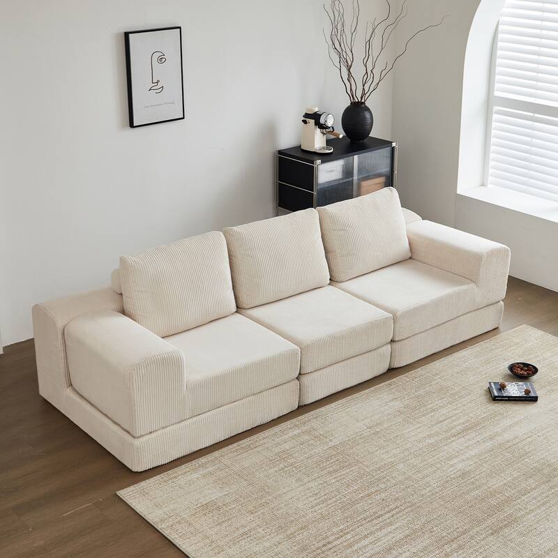 108" Corduroy Upholstered Modular Oversized 3-Seater Convertible Comfy Compressed Sofa - Beige