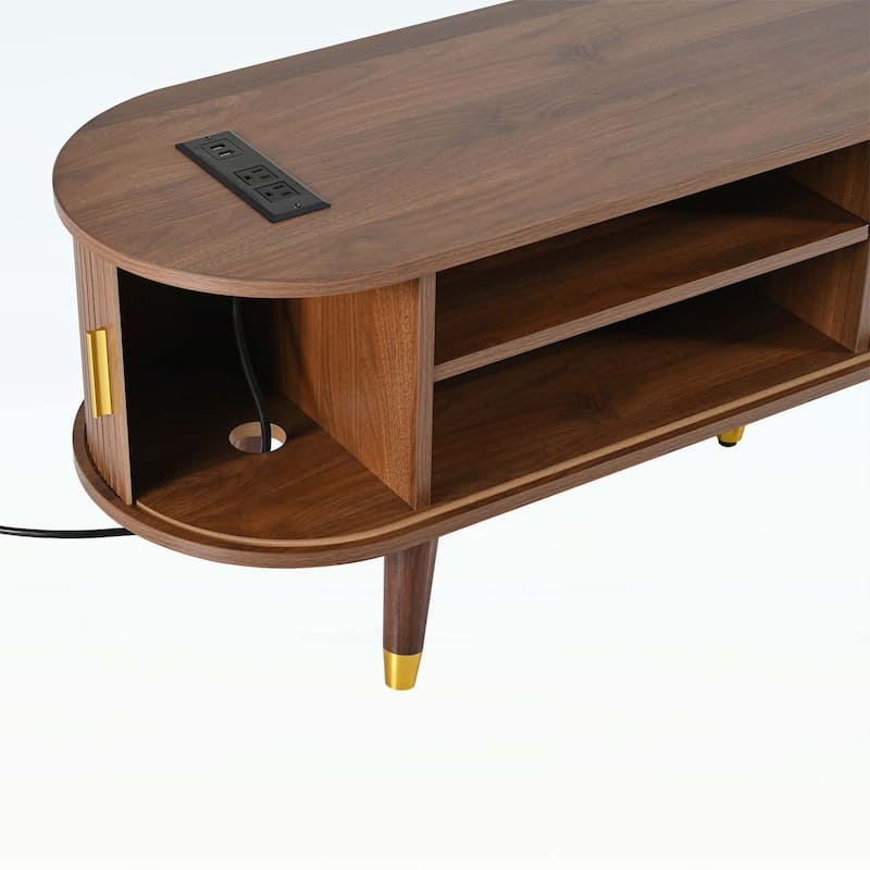 Wooden Oval Fluted TV Stand with Charging Station,Sliding Tambour Door,and Ample Storage for Living Room