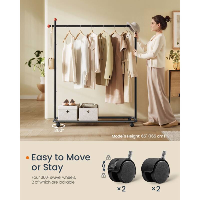 Black Clothes Rack with 2 Rails Storage Shelf Side Organizer and Wheels for Bedroom or Closet - 19.7"D x 40.6"W x 74.6"H