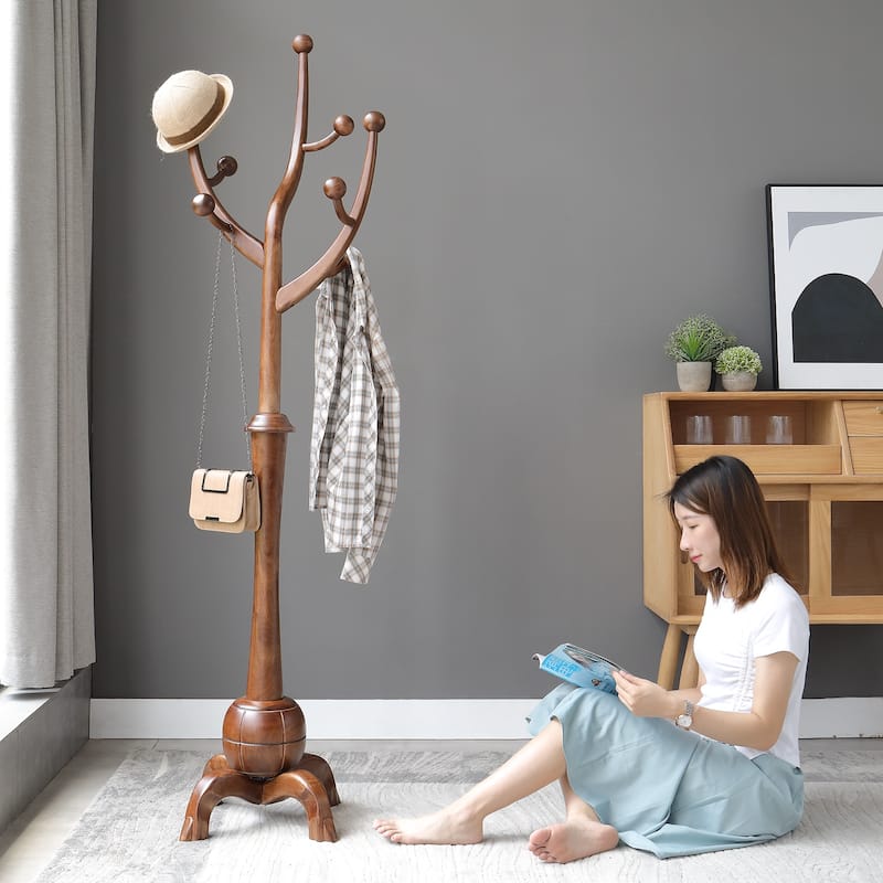 Tree-branch Rubberwood Freestanding Coat Rack with Hooks