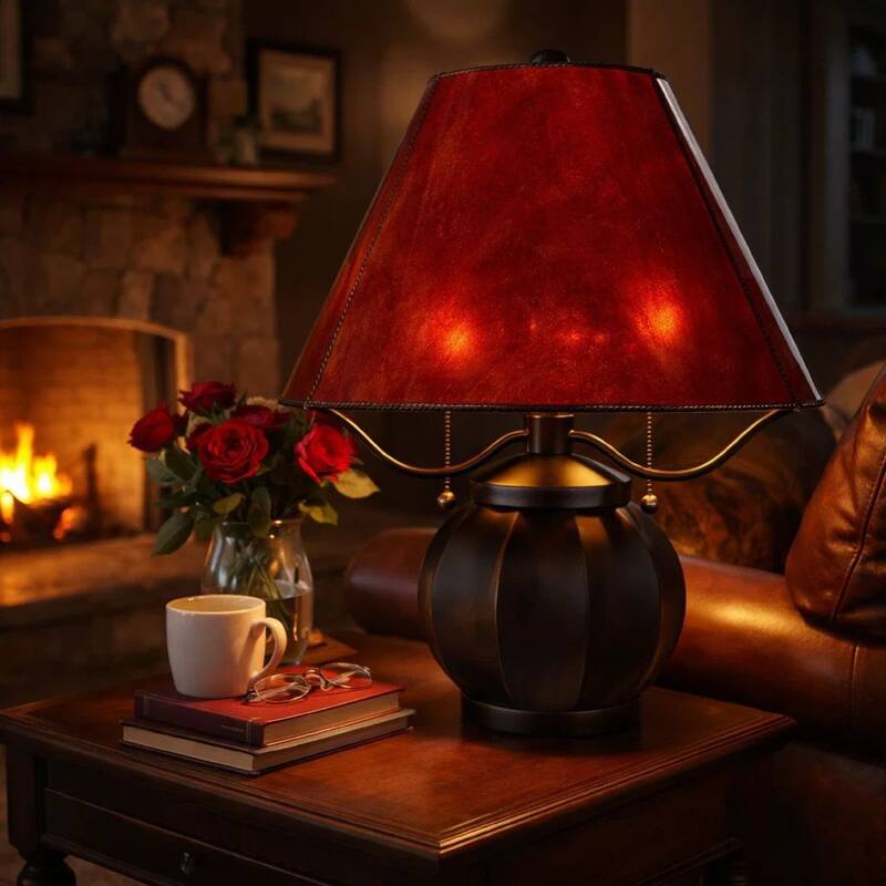 20 Inch Table Lamp, Vintage Red Amber Mica Shade, Upturned Arms, Round Body