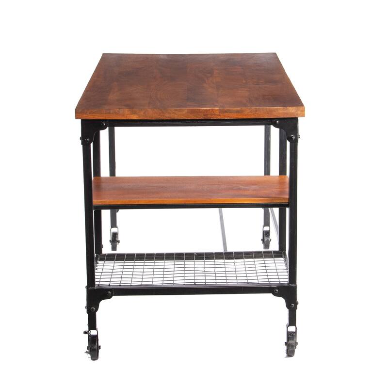 Industrial Style Wood and Metal Desk with Two Bottom Shelves, Writing