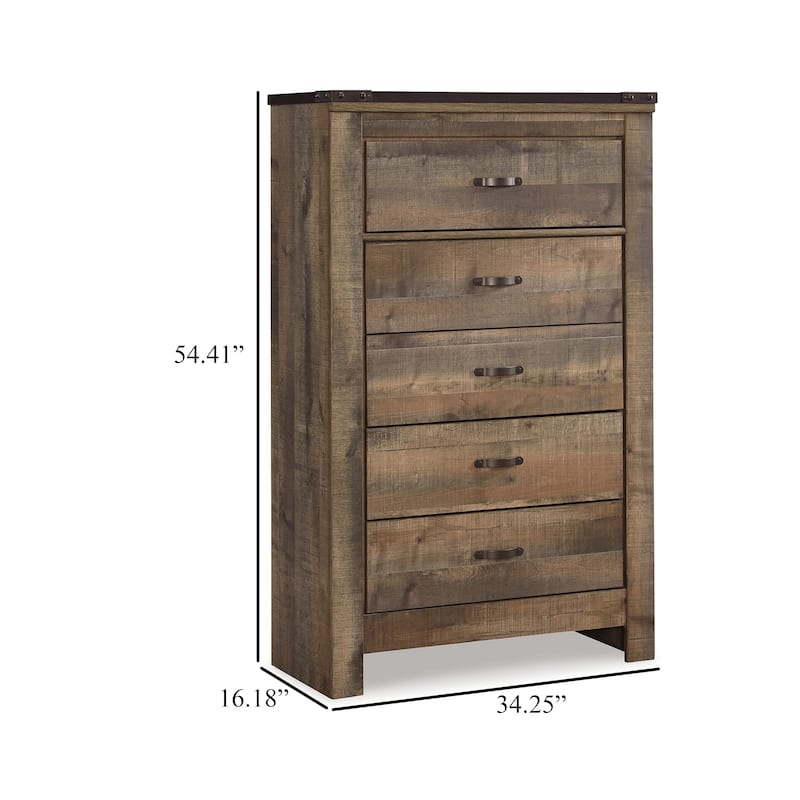 Zoey Tall Dresser Chest, 5 Storage Drawers, Rustic Brown Plank Details