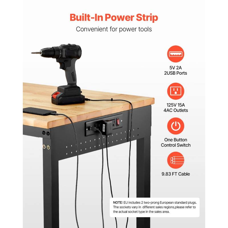 Black and Natural Oak Adjustable Height Workbench with Power Strip, Casters and Hooks - Black-Natural
