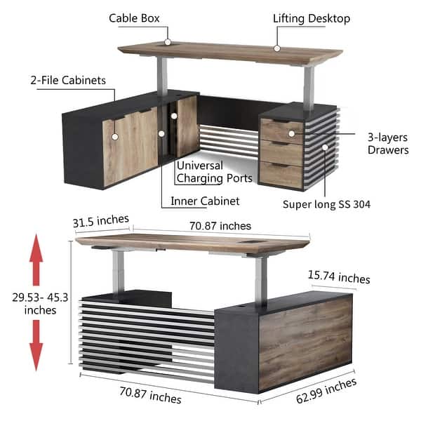 dimension image slide 3 of 7, L-Shaped Executive Desk Adjustable Height with Universal Charging Ports Drawers and Cable Management