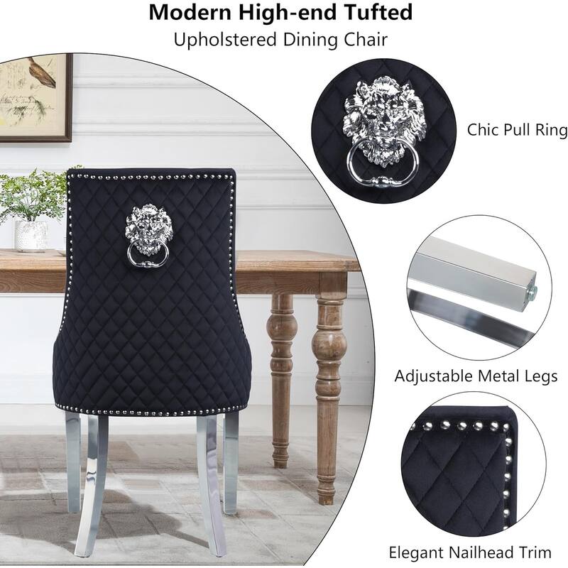 Velvet Dining Chairs Set of 2, Upholstered Tufted Nailhead Dining Room Chairs with Stainless Steel Legs & Lion Head Pull Ring