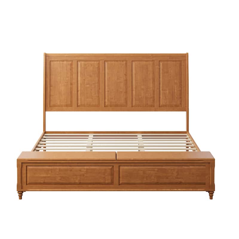 GDFStudio - Traditional Solid Wood Sleigh Bed Frame with High Paneled Headboard & Storage Chest Bench, No Box Spring Needed