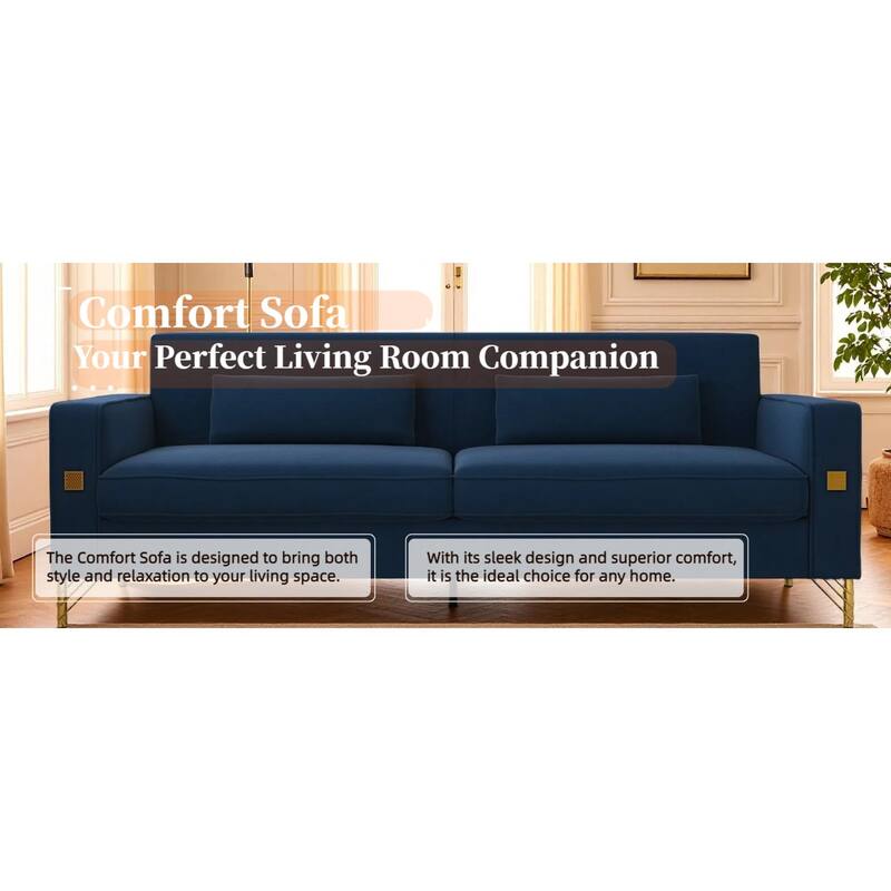 Roomfitters Mid-Century Modern Upholstered Sofa with Gold Metal Legs and Square Arms, Elegant Couch for Living Room