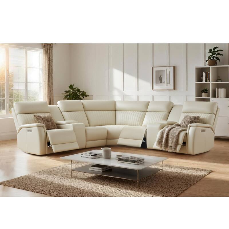 Genuine Leather Power Recliner Sectional Sofa with Ajustable Headrest, Power Lumbar, USB&USB-C Port