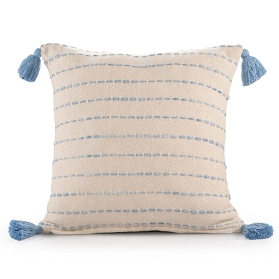 HomeRoots 20" X 20" Denim Blue And Ivory 100% Cotton Striped Zippered Pillow