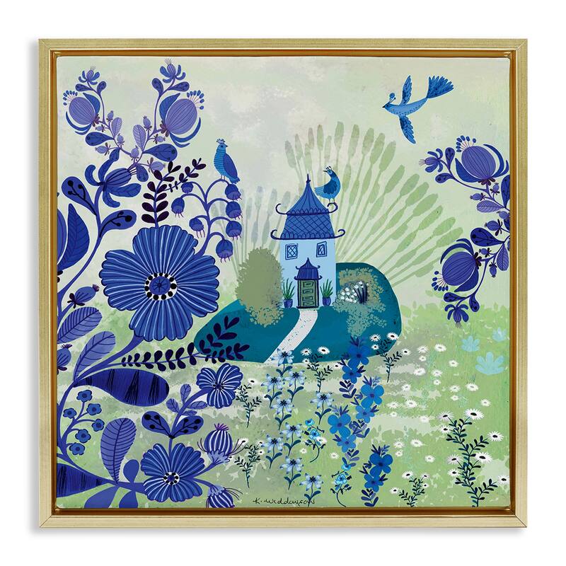 Stupell Whimsical Blue Garden Framed Floater Canvas Wall Art Design By Kay Widdowson - 18 x 18 - Gold