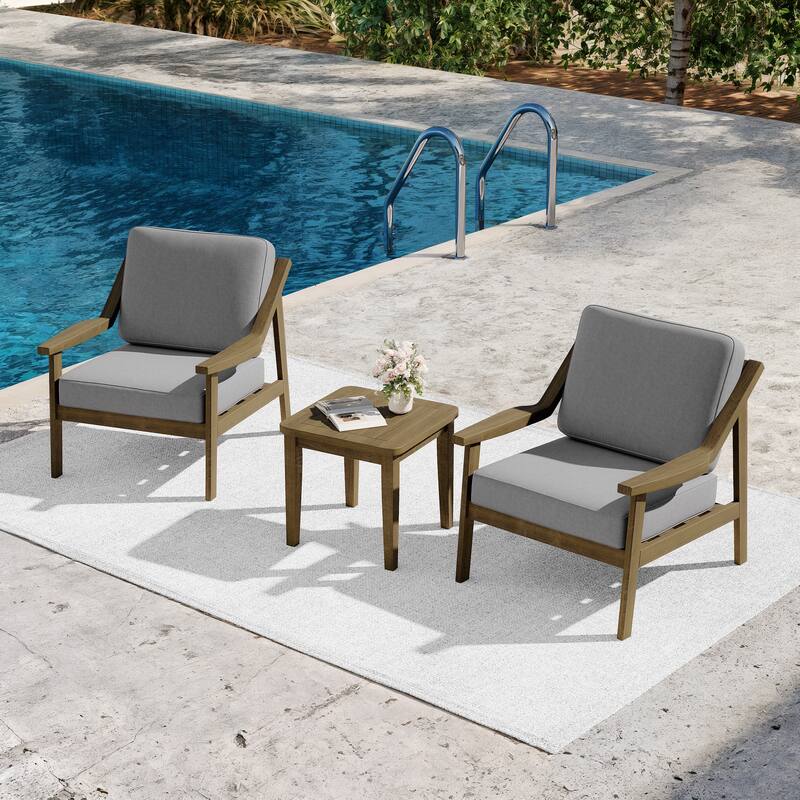 3-piece Teak Modern Cushioned Club Chairs Set Patio Bistro Set