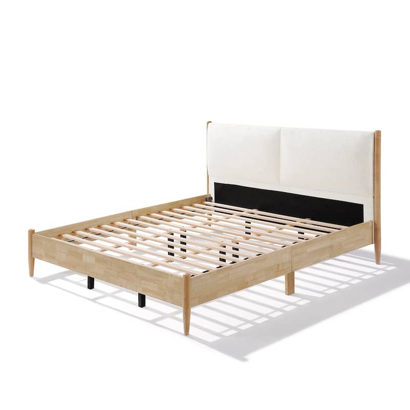 Christopher Knight Home - Elara Damare Queen Bed with Solid Rubberwood Frame, Boucle Upholstered Headboard