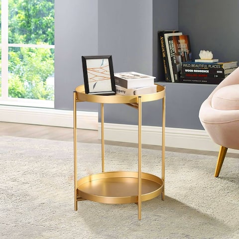 ADECO Side Table 2-Tier Metal Round End Table with Removable Tray