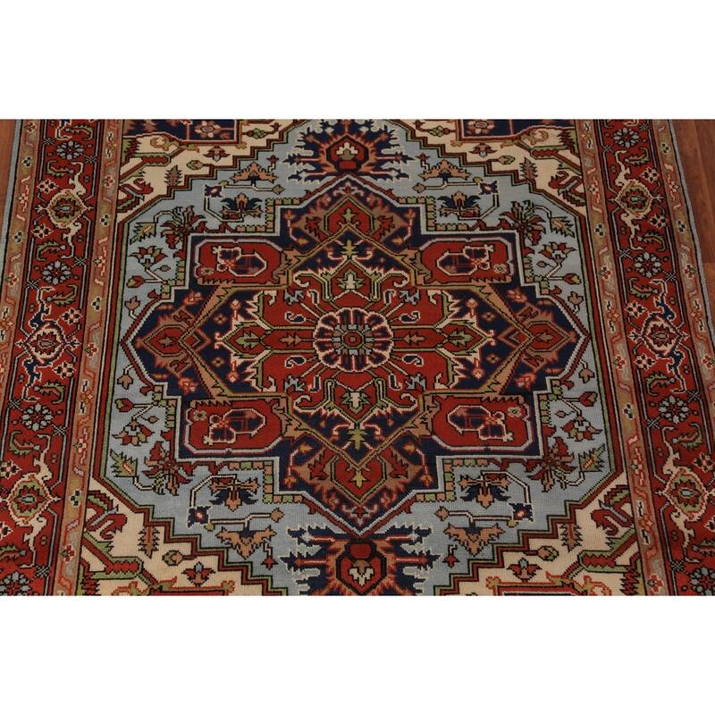 Geometric Heriz Serapi Indian Rug Hand-Knotted Blue Wool Carpet - 7'11"x 9'9"
