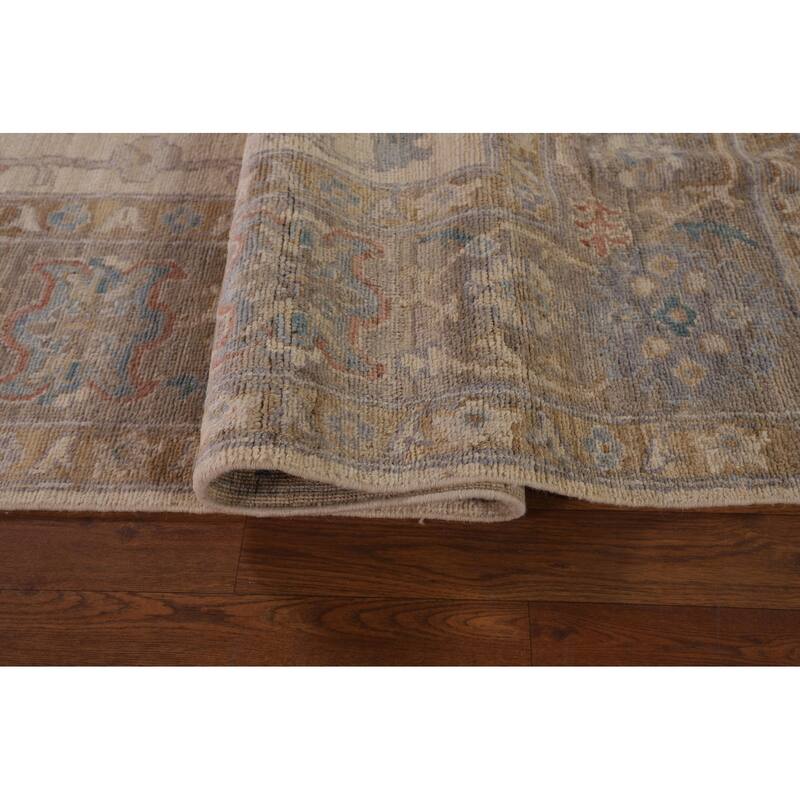 Beige Floral Oushak Vegetable Dye Area Rug Hand-Knotted Wool Carpet - 8'2" x 10'0"