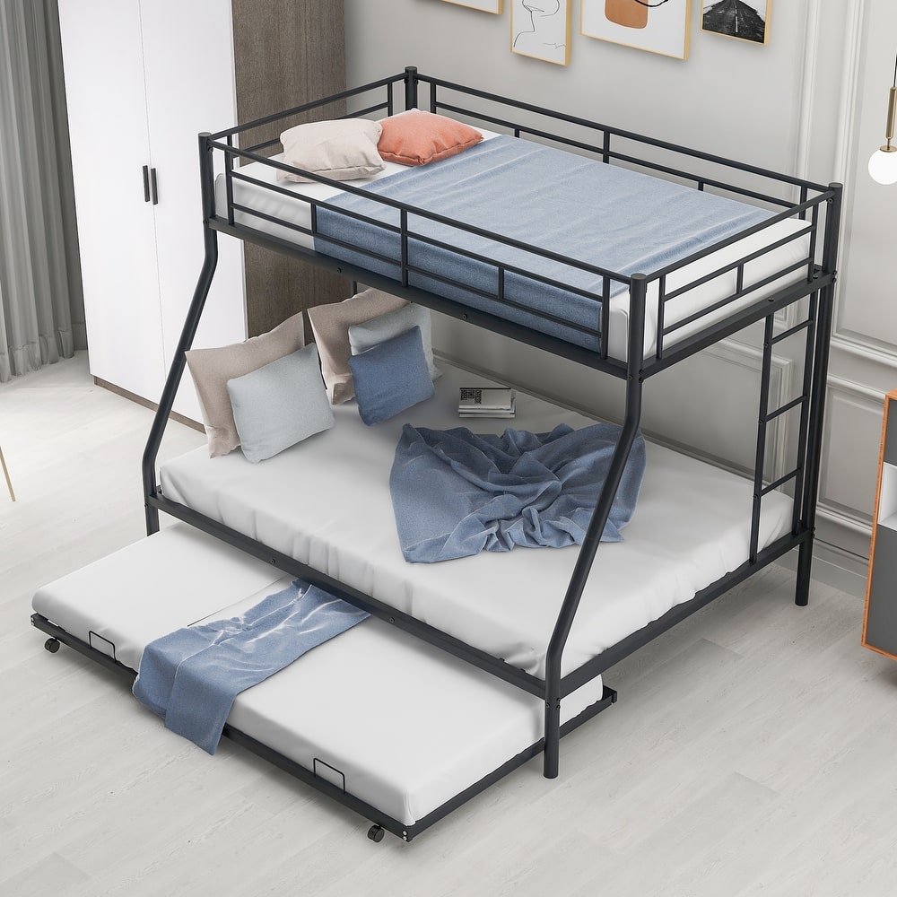 Twin over Full Bunk Bed with Two-Side Ladders, Full-Length Guardrail, Metal Bed Frame w/Twin Size Trundle, No Box Spring Needed