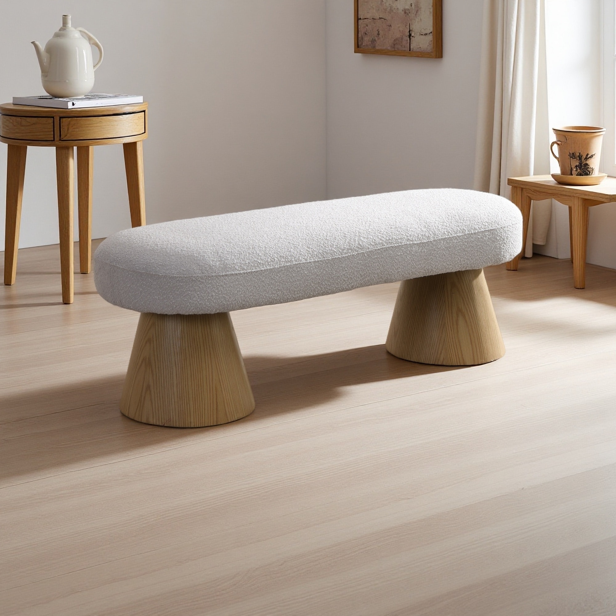 49"L Fabric Upholstered Dining Bench with Wood Legs, No Assembly Needed, Multi-Functional Bedroom Ottoman, Non-Slip Pads